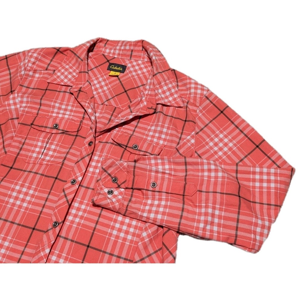 Cabelas Shirt Womens Large Long Sleeve Logo Pockets Button Front‎ Plaid Pink EUC